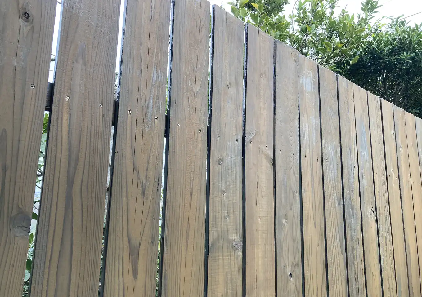 キシラデコールエクステリア（水性）オリーブ／色味サンプル（杉）野地板ウッドフェンス／DIY研磨／素人でもできる目隠し／縦張り